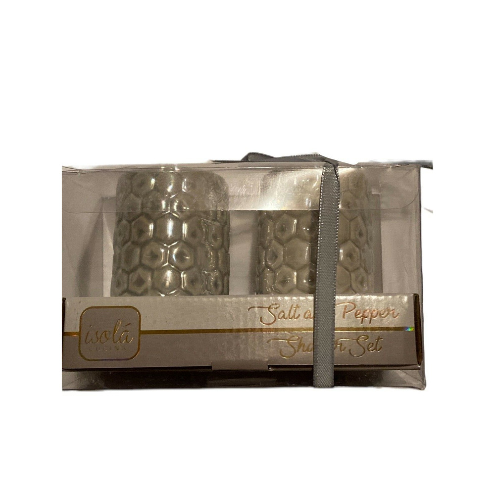 NEW Isola Gray‎ Iridescent Salt & Pepper Shakers Set Engraved Ceramic ~ Beach